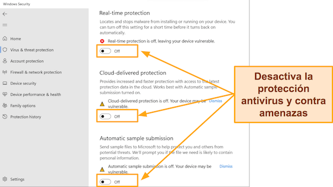 Captura de pantalla de la aplicación de seguridad de Windows que muestra la protección contra virus y amenazas desactivada
