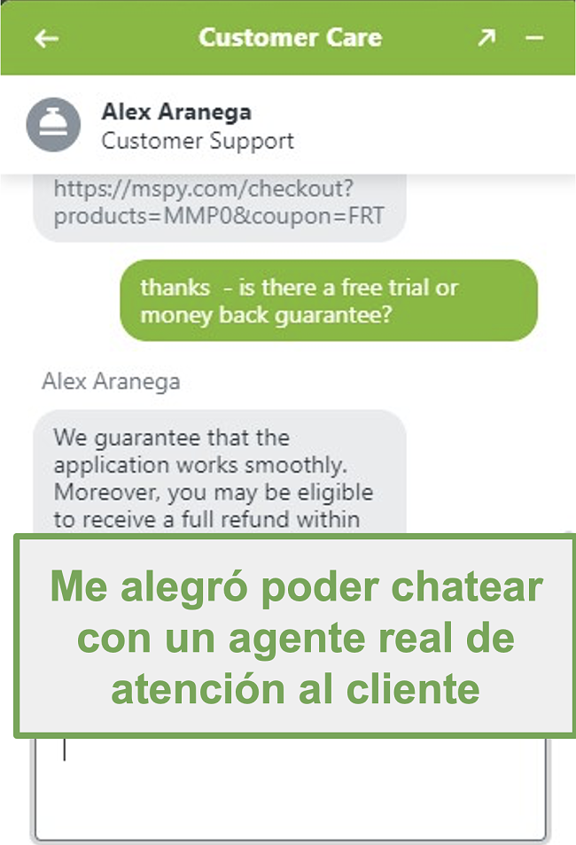 Captura de pantalla del chat con un agente de atención al cliente real