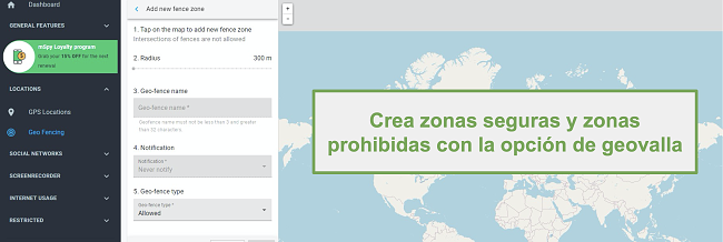 Captura de pantalla de zonas seguras y zonas prohibidas con la opción de geovalla