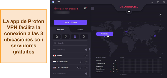 Captura de pantalla de la descripción general del servidor de Proton VPN que muestra sus 3 opciones de servidor gratuitas.