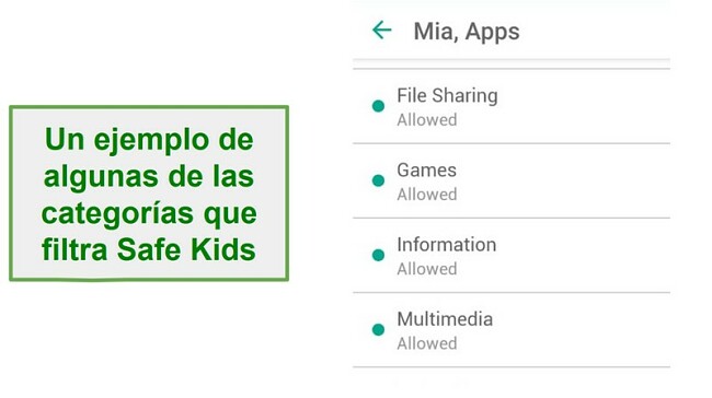 Categorías de Safe Kids Filter