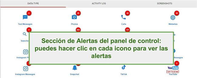 Captura de pantalla de la sección de alerta de WebWatcher