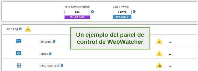 Captura de pantalla del panel de Webwatcher