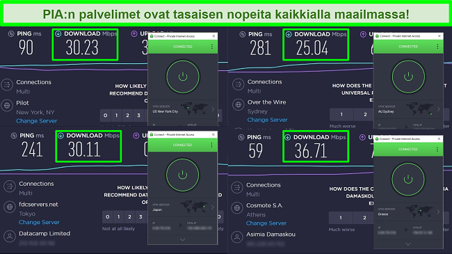 Kuvakaappaukset Ooklan nopeustestistä PIA: n kanssa, joka on kytketty eri maailmanlaajuisiin palvelimiin.