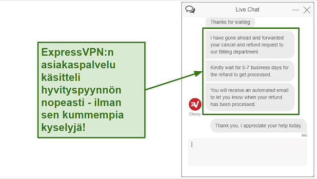Screenshot of ExpressVPN refund request over live chat.