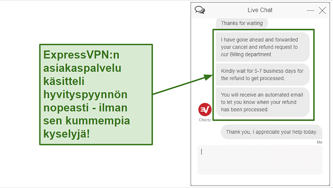 Näyttökuva ExpressVPN-hyvityspyynnöstä live-chatissa