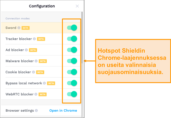 Näyttökuva HotSpot Shieldin Chrome-laajennuksen turvaominaisuuksista.