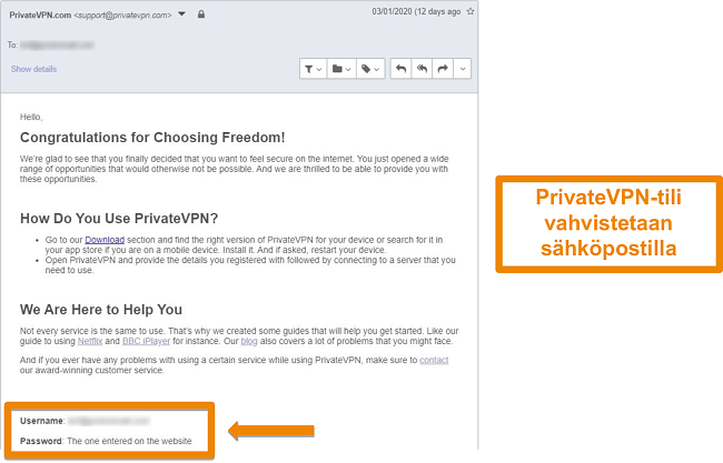 Näyttökuva PrivateVPN-sähköpostivahvistuksesta tilin rekisteröinnin jälkeen