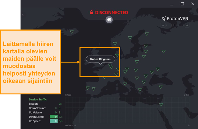 Näyttökuva Proton VPN: n interaktiivisesta palvelinkartasta.