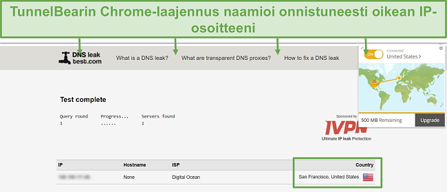 Näyttökuva DNS-vuototestien tuloksista, kun yhteys tunnelBeariin on muodostettu.