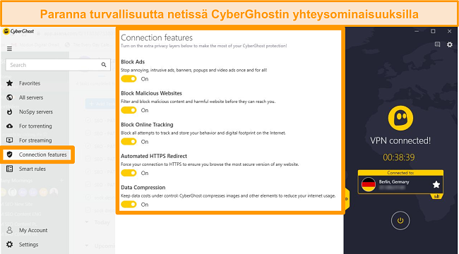 Näyttökuva CyberGhost-yhteysominaisuuksista verkkoturvallisuuden parantamiseksi