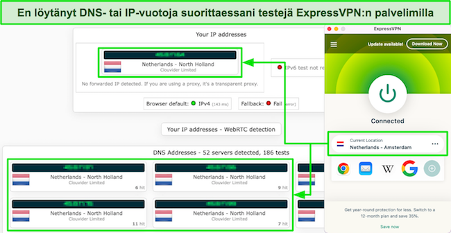 Kuvakaappaus ExpressVPN:n vuototestin tuloksista