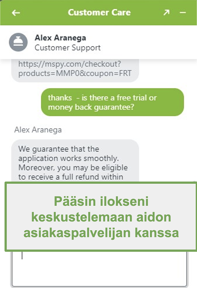 Kuvakaappaus keskustelusta todellisen asiakastuen edustajan kanssa