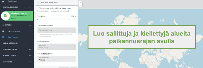Näyttökuva suojavyöhykkeistä ja kielletyistä alueista Geofence-vaihtoehdolla