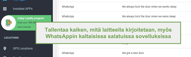 Näyttökuva salatuista sovelluksista, kuten WhatsAppista, lokista