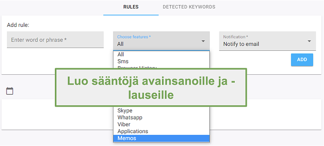 Näyttökuva avainsanojen ja lauseiden säännöistä