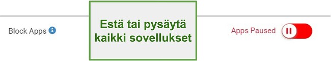 Kuvakaappaus Webwatcherin estämistä tai keskeyttämistä koskevista sovelluksista