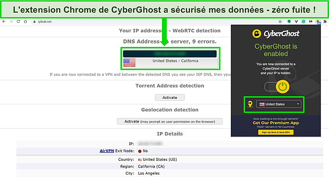 Capture d'écran de l'extension de navigateur Chrome de CyberGhost connectée à un serveur américain avec les résultats d'un test de fuite ne montrant aucune fuite de données.