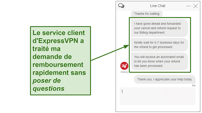 Capture d'écran de la demande de remboursement ExpressVPN via le chat en direct