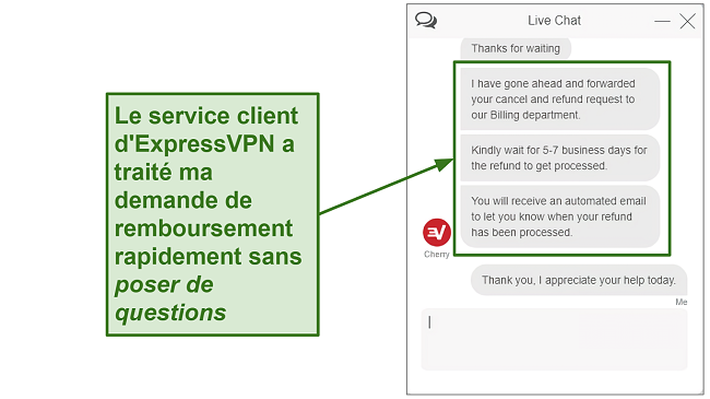 Screenshot of ExpressVPN refund request over live chat.