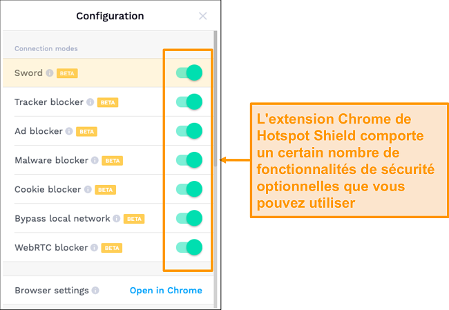 Capture d'écran des fonctionnalités de sécurité de l'extension Chrome de HotSpot Shield.