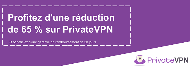 Graphique d'un coupon PrivateVPN fonctionnel offrant une réduction de 65% avec une garantie de remboursement de 30 jours