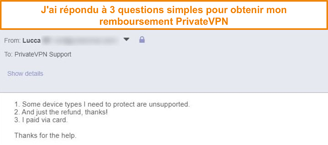 Capture d'écran des réponses pour demander un remboursement PrivateVPN par e-mail