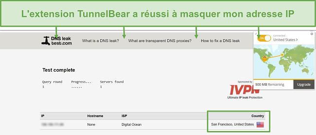 Capture d'écran des résultats du test de fuite DNS lors de la connexion à TunnelBear.