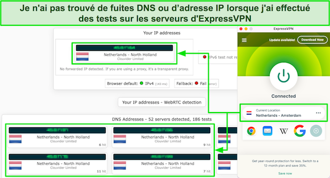 Capture d'écran des résultats des tests de fuite d'ExpressVPN