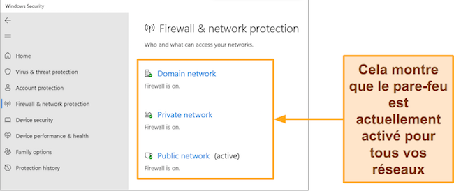 Capture d'écran de l'application de sécurité Windows indiquant l'état du pare-feu et de la protection du réseau