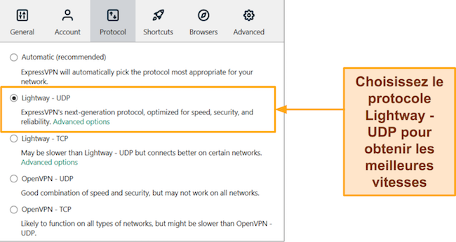 Capture d'écran de l'interface ExpressVPN montrant Lightway - Protocole UDP sélectionné