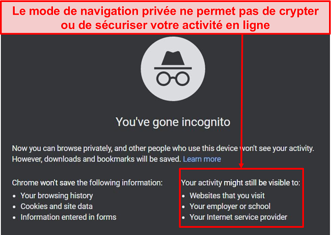 Capture d'écran des notifications du mode navigation privée.