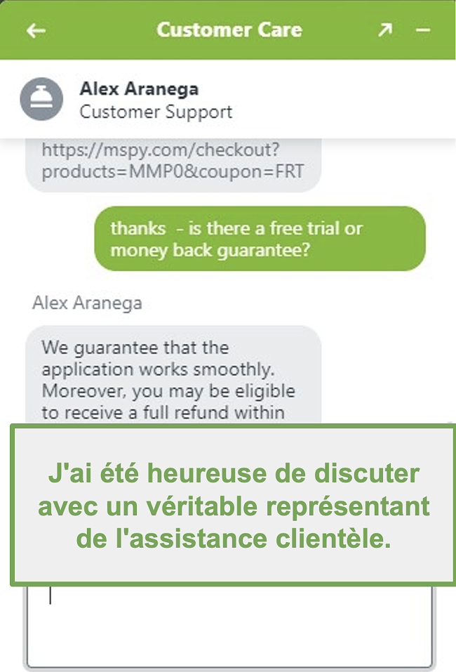 Capture d'écran du chat avec un véritable agent de support client