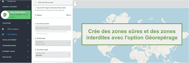 Capture d'écran des zones de sécurité et des zones interdites avec l'option Geofence