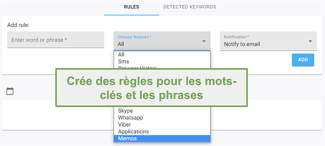 Capture d'écran des règles pour les mots-clés et les expressions