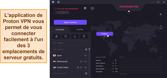 Capture d'écran de la vue d'ensemble du serveur de Proton VPN affichant ses 3 options de serveur gratuites.