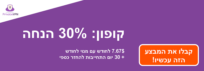 גרפיקה של קופון PrivateVPN עובד למנוי חודש למשך 7.67 $ והבטחת החזר כספי למשך 30 יום