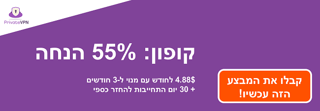 גרפיקה של קופון PrivateVPN עובד עם 55% הנחה על מנוי לשלושה חודשים והבטחת החזר כספי למשך 30 יום