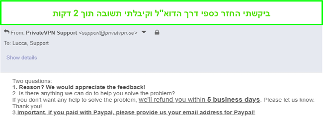 תמונת מסך של PrivateVPN מגיבה במהירות לבקשת ההחזר שלי באמצעות דוא