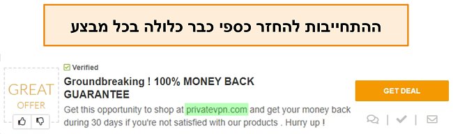 צילום מסך של קופון PrivateVPN המפרסם ערבות להחזר כספי כ