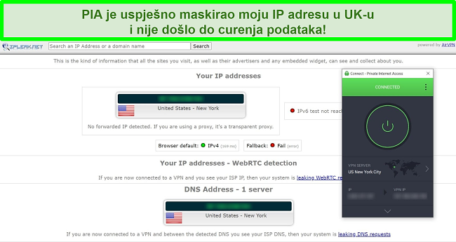 Snimka zaslona rezultata ispitivanja curenja IP-a s PIA povezanim s američkim poslužiteljem.