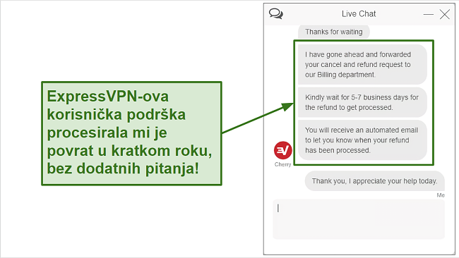Snimka zaslona zahtjeva za povrat ExpressVPN putem chata uživo.