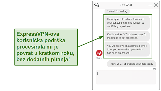 Screenshot of ExpressVPN refund request over live chat.