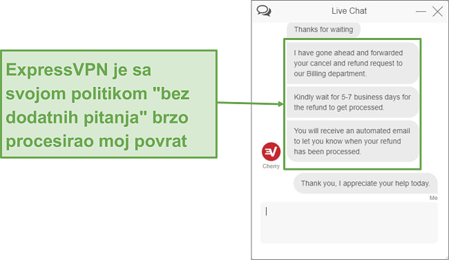 Snimka zaslona zahtjeva za povrat novca putem chata uživo.