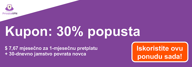 Grafika radnog PrivateVPN kupona za jednomesečnu pretplatu za 7,67 USD i 30-dnevno jamstvo povrata novca