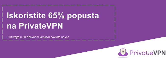 Grafika radnog kupona PrivateVPN koji nudi popust od 65% uz 30-dnevno jamstvo povrata novca