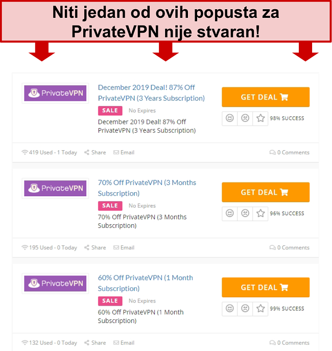 Snimka zaslona ponuda PrivateVPN koja prikazuje lažne cijene