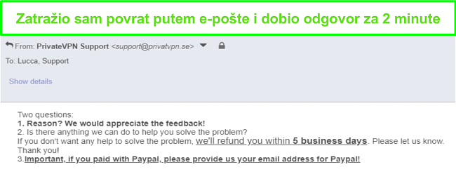 Snimka zaslona PrivateVPN-a koji je brzo odgovorio na moj zahtjev za povrat putem e-pošte