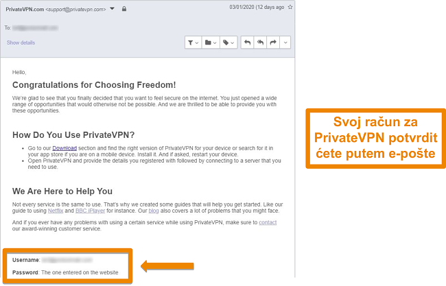 Snimka zaslona potvrde e-pošte PrivateVPN nakon prijave za račun