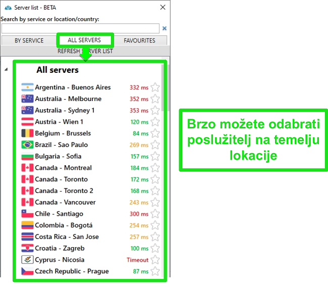 Snimka zaslona lokacija poslužitelja PrivateVPN na popisu 